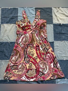 VTG Y2K Pretty Young Thing Dress Paisley Pink Tan Orange Surplice Fits Size S